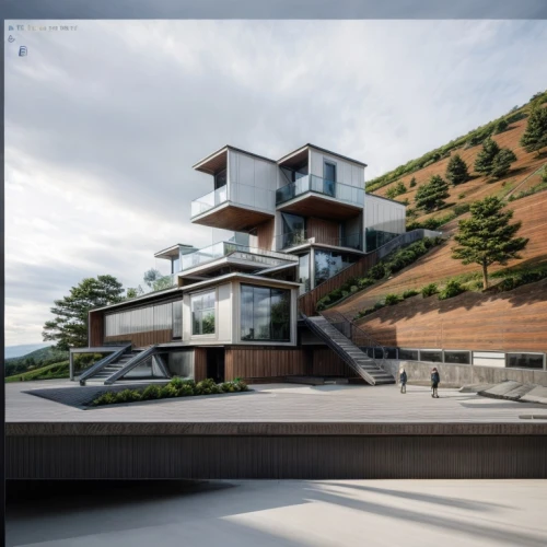 modern architecture,modern house,dunes house,house in mountains,elphi,house in the mountains,3d rendering,archidaily,cubic house,roof landscape,mountainside,block balcony,futuristic architecture,glass facade,balconies,hillside,smart house,residential house,contemporary,render,Architecture,Commercial Building,Futurism,Futuristic 5