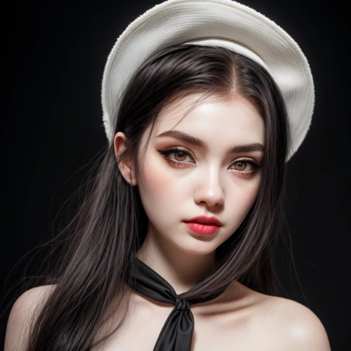 beret,girl wearing hat,bowler hat,leather hat,black hat,realdoll,vintage makeup,portrait background,pointed hat,white fur hat,cosmetic brush,fedora,asian conical hat,vintage girl,portrait photography,stovepipe hat,hat,retouching,paleness,girl portrait