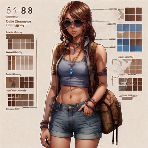 croft,lara,summer clothing,girl in overalls,game character,jean shorts,game illustration,game art,main character,sci fiction illustration,concept art,comic character,female runner,summer icons,weather-beaten,misty,brown sailor,girl with gun,vector girl,lori