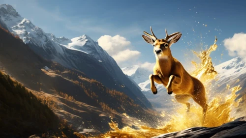 alpine ibex,deer illustration,gold deer,elk,the spirit of the mountains,mountain spirit,fantasy picture,mountain sheep,deer,deer in tears,deer drawing,ibexes,world digital painting,deers,digital compositing,whitetail,european deer,mountain scene,antelope,male deer