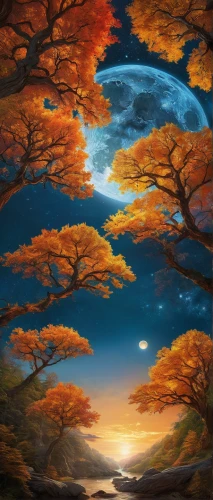 fantasy landscape,autumn landscape,autumn background,autumn trees,autumn tree,autumn sky,fall landscape,autumn scenery,autumn forest,sky of autumn,landscape background,colorful tree of life,fantasy picture,lunar landscape,tree grove,forest landscape,moonlit night,autumn mountains,tangerine tree,mushroom landscape