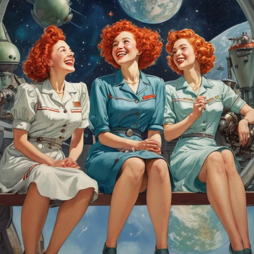 retro pin up girls,astronomers,retro women,pin-up girls,vintage girls,redheads,pin up girls,astronauts,atomic age,1940 women,cosmonautics day,vintage women,vintage art,pin ups,women in technology,vintage illustration,50s,earth station,smiley girls,girl scouts of the usa,Illustration,Paper based,Paper Based 29