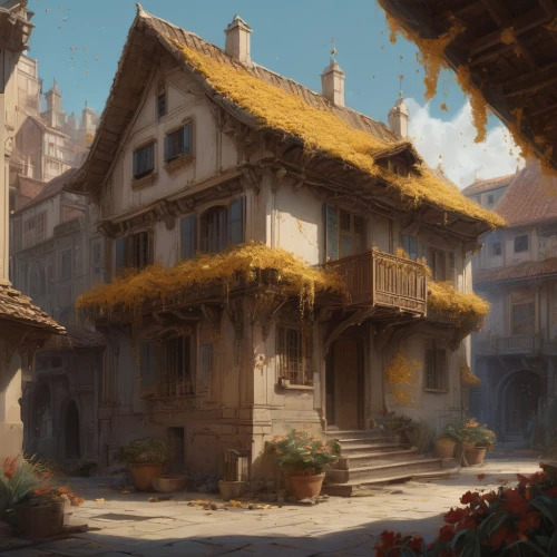 ancient house,wooden houses,medieval town,old home,mountain settlement,medieval architecture,alpine village,old town,knight village,traditional house,medieval street,apartment house,tavern,old houses,wooden house,roofs,old city,ancient buildings,house roofs,small house,Conceptual Art,Fantasy,Fantasy 01