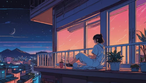 evening atmosphere,summer evening,windowsill,window sill,sky apartment,rooftops,rooftop,bedroom window,in the evening,balcony,falling stars,stargazing,on the roof,fireflies,paris balcony,night stars,nighttime,night sky,clear night,romantic night,Illustration,Japanese style,Japanese Style 06