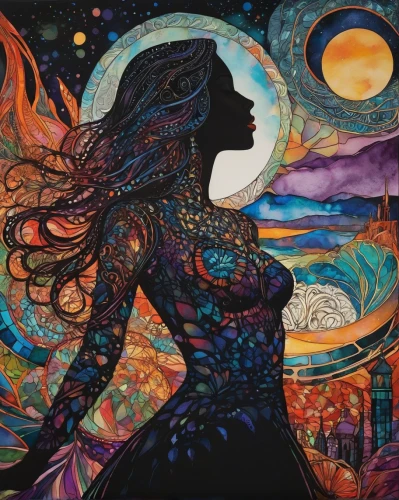 psychedelic art,mother earth,boho art,andromeda,tapestry,aquarius,astral traveler,pachamama,chalk drawing,woman silhouette,woman thinking,shamanic,virgo,shamanism,phase of the moon,aura,sun and moon,girl on the dune,oil painting on canvas,mantra om,Photography,General,Natural