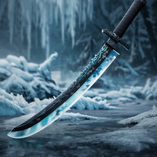 hunting knife,cold weapon,bowie knife,king sword,serrated blade,excalibur,white walker,sward,ice pick,sword,samurai sword,black warrior,cold saw,sharp knife,blue snowflake,frozen,eternal snow,scabbard,icemaker,frozen ice,Conceptual Art,Fantasy,Fantasy 02