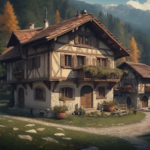 alpine village,house in the mountains,house in mountains,swiss house,chalet,traditional house,house in the forest,wooden house,mountain settlement,grindelwald,little house,wooden houses,small house,ancient house,escher village,lonely house,half-timbered house,mountain village,autumn idyll,farmhouse,Conceptual Art,Fantasy,Fantasy 01