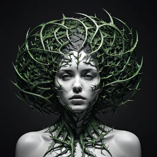 dryad,medusa,medusa gorgon,tendrils,rooted,the enchantress,anahata,crown of thorns,plant and roots,fractals art,apophysis,tendril,mother nature,symbiotic,gorgon,natura,synapse,laurel wreath,crown-of-thorns,vine tendrils,Photography,Artistic Photography,Artistic Photography 11
