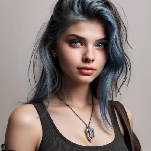 blue hair,silver blue,color turquoise,silvery blue,indigo,grunge,beautiful young woman,natural color,denim background,girl portrait,color blue,turquoise,blu,eurasian,azure,punk,watercolor blue,gray color,electric blue,necklace,Common,Common,Fashion