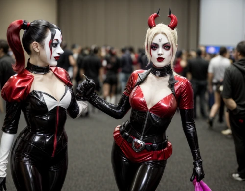 angel and devil,devils,comiccon,harley quinn,cosplay image,spawn,comic-con,cosplay,cosplayer,latex clothing,darth talon,butterfly dolls,harley,vamps,bad girls,devil,comic characters,widowmaker,diabols,vampires