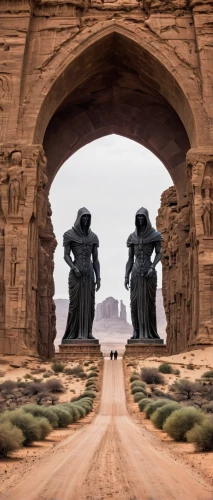 guards of the canyon,abu simbel,jordan tours,three pillars,arches raven,sand sculptures,petra,wadirum,archway,triumphal arch,stargate,egypt,the sphinx,monuments,three centered arch,ramses ii,wadi rum,pharaonic,pilgrimage,stone statues,Illustration,Realistic Fantasy,Realistic Fantasy 46