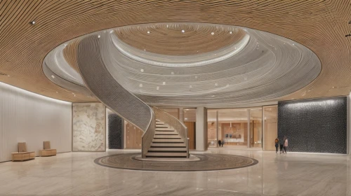circular staircase,lobby,winding staircase,ceiling construction,luxury home interior,spiral staircase,staircase,hotel lobby,interior design,outside staircase,entrance hall,interior modern design,contemporary decor,patterned wood decoration,archidaily,jewelry（architecture）,stucco ceiling,interior decoration,core renovation,recessed,Commercial Space,Shopping Mall,Transitional