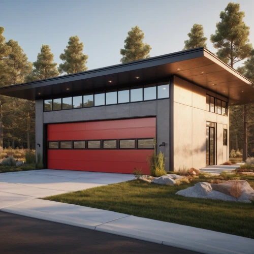 garage door,3d rendering,fire station,modern house,mid century house,smart house,render,dunes house,prefabricated buildings,garage,smart home,frame house,modern architecture,fire department,water supply fire department,red roof,fire dept,fire fighting water supply,folding roof,eco-construction,Photography,General,Natural