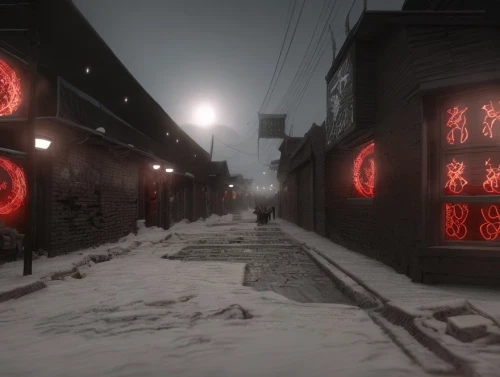 red lantern,wuhan''s virus,alleyway,alley,blind alley,3d render,chinatown,old linden alley,butcher shop,development concept,winter festival,visual effect lighting,render,infinite snow,izakaya,cinema 4d,3d rendered,neon sign,midnight snow,neon ghosts,Game&Anime,Manga Characters,Darkness