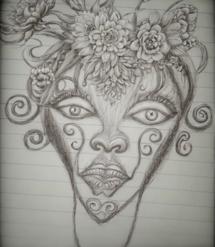 doodles,floral doodles,pencil and paper,sketch pad,elven flower,flourishes,rose flower drawing,graphite,african woman,polynesian girl,flower drawing,floral design,ornamental,ball pen,ballpoint pen,mystical portrait of a girl,headdress,art therapy,voodoo woman,biro