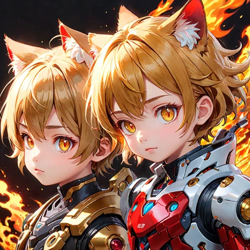 two cats,fire background,fire eyes,kittens,lion children,two wolves,angel and devil,two lion,nyan,knights,cats,fire devil,trigger,explosions,fire siren,lancers,heart with crown,royal tiger,cat warrior,felines,Anime,Anime,General