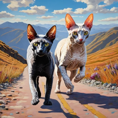 french bulldogs,oriental shorthair,english toy terrier,two cats,peterbald,cornish rex,toy fox terrier,cats playing,cats,felines,stray cats,anthropomorphized animals,corgis,oktoberfest cats,whimsical animals,devon rex,vintage cats,two running dogs,david bates,dog - cat friendship,Photography,General,Natural