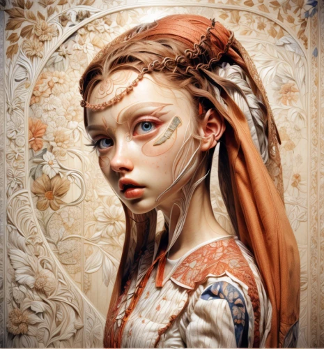 painter doll,mystical portrait of a girl,girl with cloth,portrait of a girl,eglantine,jessamine,young girl,fantasy portrait,artist doll,baroque angel,porcelain dolls,orange blossom,cinnamon girl,wooden doll,faery,the little girl,clementine,child girl,fantasy art,child portrait