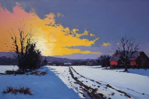 winter landscape,vermont,rural landscape,winter morning,snow landscape,winter light,farm landscape,christmas landscape,the evening light,early winter,snowy landscape,orlovsky,evening atmosphere,carol colman,home landscape,snow scene,snow fields,new england,bill woodruff,red barn,Conceptual Art,Oil color,Oil Color 02