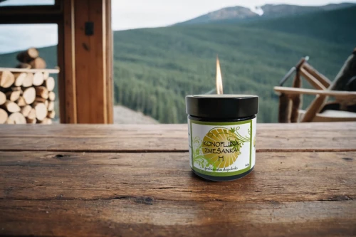balsam fir,yellow fir,chile fir,unity candle,beeswax candle,herb butter,tea candle,matcha powder,olive butter,wild garlic salt,birch sap,temperate coniferous forest,dandelion coffee,lemon beebalm,gunpowder tea,tea tree,spray candle,shortleaf black spruce,yellow pine,coconut oil on wooden spoon,Small Objects,Indoor,Rustic Cabin