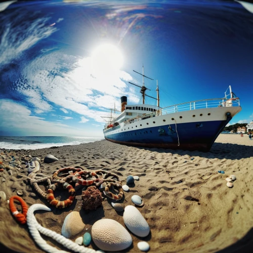 fish eye,fisheye lens,caravel,sea fantasy,anchored,passenger ship,troopship,busselton,shipwreck beach,wooden boats,catalina island,maritime,seagoing vessel,little planet,waterglobe,queen mary 2,sopot,anchor chain,flotsam and jetsam,fishing trawler,Illustration,Realistic Fantasy,Realistic Fantasy 19