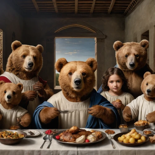 last supper,holy supper,the bears,christ feast,bears,family dinner,anthropomorphized animals,christmas dinner,thanksgiving dinner,bear market,biblical narrative characters,thanksgiving background,teddy bears,family photos,dinner party,christmas animals,mulberry family,feast,children's christmas,family portrait,Photography,General,Natural