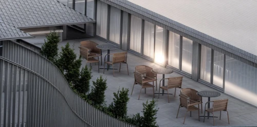 outdoor table and chairs,roof terrace,school design,outdoor table,terrace,roof garden,outdoor dining,block balcony,daylighting,outdoor bench,3d rendering,school benches,patio furniture,terraces,patio,smoking area,folding roof,roof landscape,cafeteria,metal railing,Architecture,Small Public Buildings,Modern,Innovative Technology 1