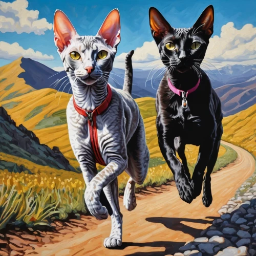 oriental shorthair,peterbald,cornish rex,devon rex,two cats,oktoberfest cats,vintage cats,david bates,english toy terrier,american wirehair,felines,cats,stray cats,cats playing,siamese cat,cat portrait,pet portrait,oil painting on canvas,cat family,toy fox terrier,Photography,General,Natural