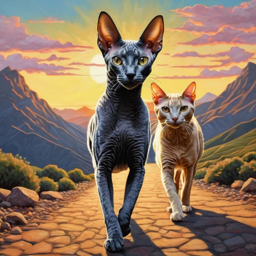 two cats,felidae,oriental shorthair,felines,abyssinian,capricorn kitz,cats,devon rex,cornish rex,egyptian mau,cat image,anthropomorphized animals,sphynx,cat family,guards of the canyon,firestar,breed cat,stray cats,oktoberfest cats,peterbald,Photography,General,Natural