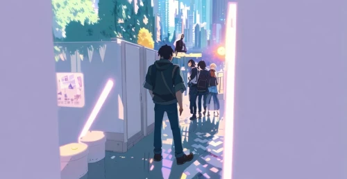 encounter,alleyway,stroll,pedestrian,bus stop,pay phone,alley,departure,passage,walk,walkway,busstop,underpass,sidewalk,phone booth,gateway,light posts,hallway,connecting,travelers,Common,Common,Japanese Manga