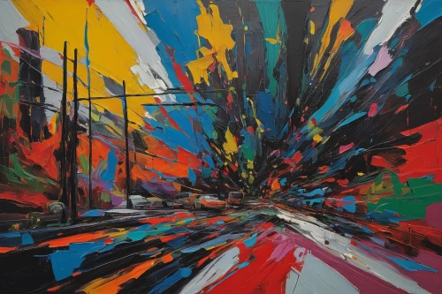 colorful city,pedestrian,abstract painting,city highway,street canyon,abstract multicolor,crossroad,boulevard,intersection,abstract artwork,tram road,one-way street,paint strokes,the street,cityscape,crossroads,thick paint strokes,urban landscape,hanging traffic light,roads,Photography,Black and white photography,Black and White Photography 14