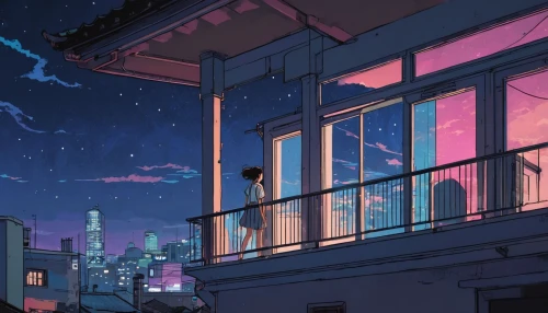 sky apartment,rooftops,rooftop,city lights,balcony,evening atmosphere,evening city,balconies,citylights,nighttime,night scene,fire escape,an apartment,bedroom window,block balcony,cityscape,house silhouette,tokyo city,apartment house,paris balcony,Illustration,Japanese style,Japanese Style 06