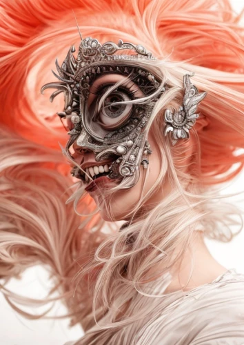 venetian mask,masquerade,the carnival of venice,fashion illustration,feathered hair,streampunk,headdress,mask,feather headdress,masque,fantasy art,biomechanical,fasnet,fractalius,with the mask,fantasy portrait,harpy,faery,masked,feathered,Common,Common,Fashion