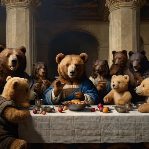 last supper,holy supper,the bears,dinner party,family dinner,bear market,bears,anthropomorphized animals,breakfast buffet,feast,thanksgiving dinner,breakfast table,fine dining,dining,romantic dinner,christmas dinner,grizzlies,family gathering,tea party,easter brunch,Photography,General,Natural