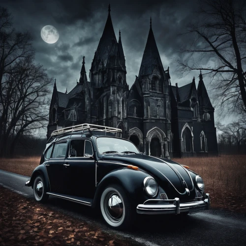 haunted cathedral,volkswagen beetle,volkswagen new beetle,vw beetle,gothic architecture,gothic church,black church,the beetle,gothic style,black beetle,halloween car,old halloween car,the black church,dark gothic mood,moon car,volkswagen vw,gothic,horch 853,shooting brake,beetle fog,Illustration,Realistic Fantasy,Realistic Fantasy 46