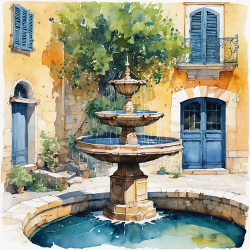 decorative fountains,aix-en-provence,stone fountain,village fountain,provence,watercolor painting,watercolor,water fountain,watercolor paris,water color,provencal life,water colors,watercolor shops,watercolors,fountain,old fountain,l'isle-sur-la-sorgue,watercolor paint,watercolor wine,august fountain,Illustration,Paper based,Paper Based 07