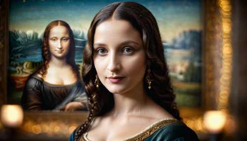 mona lisa,the mona lisa,gothic portrait,girl with a pearl earring,romantic portrait,celtic woman,leonardo da vinci,portrait background,mystical portrait of a girl,photo painting,art painting,girl in a historic way,digital compositing,portrait of a girl,meticulous painting,antique background,paintings,fantasy portrait,custom portrait,image manipulation,Photography,General,Cinematic