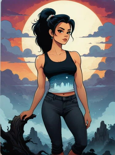 rosa ' amber cover,mulan,moana,dusk background,croft,digital illustration,strong woman,hiking,hike,crop top,raven girl,tumblr icon,mountain guide,crow queen,strong women,juniper,moonrise,girl in t-shirt,muscle woman,jaya,Illustration,Abstract Fantasy,Abstract Fantasy 19