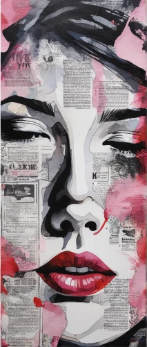 mixed media,torn paper,geisha girl,woman face,woman's face,painted lady,meticulous painting,cool pop art,newsprint,girl-in-pop-art,thick paint strokes,woman thinking,art paper,anonymous mask,bibernell rose,carol m highsmith,split personality,geisha,visual art,aerosol