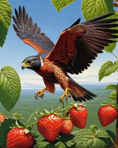 strawberries falcon,falconry,new zealand falcon,hawk animal,falconiformes,harris's hawk,lanner falcon,eagle illustration,red-tailed,bird bird-of-prey,harris hawk,red hawk,red tailed hawk,hawk - bird,sun conure,light red macaw,bird of prey,exotic bird,calyptorhynchus banksii,sun conures,Conceptual Art,Sci-Fi,Sci-Fi 21