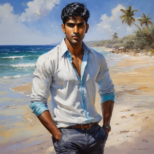 man at the sea,oil painting,oil painting on canvas,shades of blue,romantic portrait,male model,blue hawaii,artist portrait,beach landscape,blue painting,beach background,italian painter,male poses for drawing,east indian,el mar,seafarer,costa,devikund,oil on canvas,bombay,Conceptual Art,Oil color,Oil Color 06