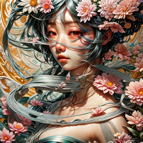 flower fairy,fallen petals,falling flowers,japanese floral background,flora,blossoms,jasmine blossom,girl in flowers,petals,blooming wreath,wreath of flowers,geisha girl,elven flower,kahila garland-lily,flowers celestial,geisha,flower girl,flower nectar,japanese art,fantasy portrait