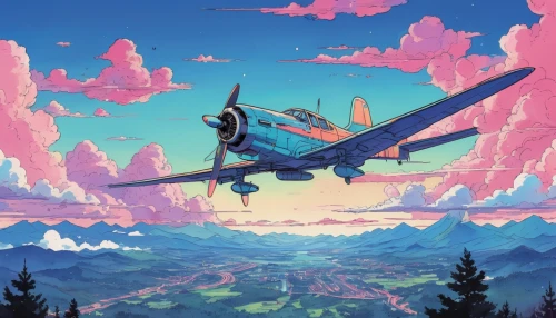 studio ghibli,sky,take-off of a cliff,travelers,plane,cessna,glider pilot,traveler,aeroplane,horizon,travel poster,futuristic landscape,would a background,wallpaper roll,dusk,air ship,meteora,flying island,flight,plane wreck,Illustration,Japanese style,Japanese Style 06