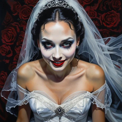 dead bride,bride,vampire woman,bridal,vampire lady,gothic portrait,romantic portrait,bridal dress,mother of the bride,bridal clothing,the bride's bouquet,wedding dress,silver wedding,wedding gown,bridegroom,queen of hearts,world digital painting,fantasy portrait,oil painting on canvas,bridal veil,Conceptual Art,Fantasy,Fantasy 07