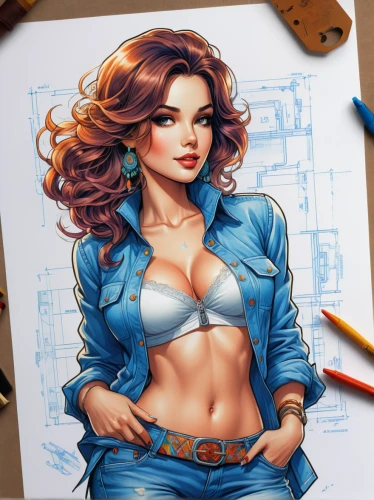 watercolor pin up,girl drawing,copic,illustrator,art painting,jean jacket,pin-up girl,coloring picture,photo painting,coloring outline,painter,meticulous painting,game illustration,italian painter,painting work,retro pin up girl,painting technique,color pencils,denim background,adobe illustrator,Unique,Design,Blueprint