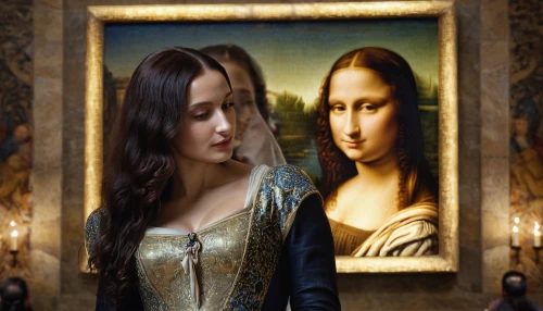 the mona lisa,mona lisa,gothic portrait,art gallery,art painting,universal exhibition of paris,photo painting,portrait background,paintings,art dealer,vinci,photo manipulation,gold frame,digital compositing,antique background,leonardo da vinci,admired,italian painter,golden frame,photoshop manipulation,Photography,General,Commercial