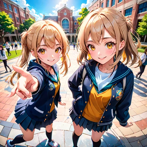 love live,tsumugi kotobuki k-on,hand in hand,twin flowers,citrus,two girls,school children,cheering,female hares,darjeeling,kawaii children,bright sun,smiley girls,honk,uniforms,hands holding,yellow and blue,partnerlook,clear sky,double sun,Anime,Anime,General