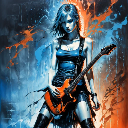 electric guitar,rocker,lady rocks,painted guitar,rock band,rock music,lead guitarist,guitar player,guitar,guitarist,thrash metal,epiphone,concert guitar,maiden,corrosion,bass guitar,music fantasy,playing the guitar,chainsaw,blue enchantress,Art,Artistic Painting,Artistic Painting 34