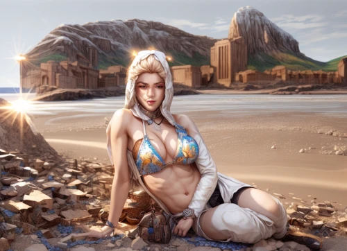 tiber riven,beach background,beach scenery,fantasy picture,fantasy art,ancient egyptian girl,desert background,ephedra,the beach pearl,world digital painting,the sea maid,elven,girl on the dune,by the sea,nami,arabian,3d fantasy,kos,digital compositing,beach shell