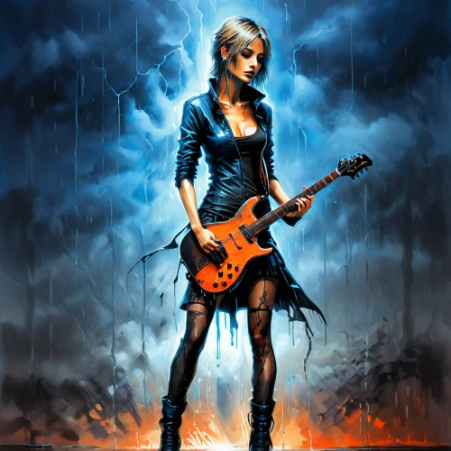 rain of fire,electric guitar,lady rocks,bass guitar,concert guitar,lead guitarist,guitar player,lightning,guitarist,painted guitar,maiden,rock music,epiphone,guitar,bassist,violin woman,lightning storm,corrosion,tour to the sirens,electric bass,Art,Artistic Painting,Artistic Painting 34